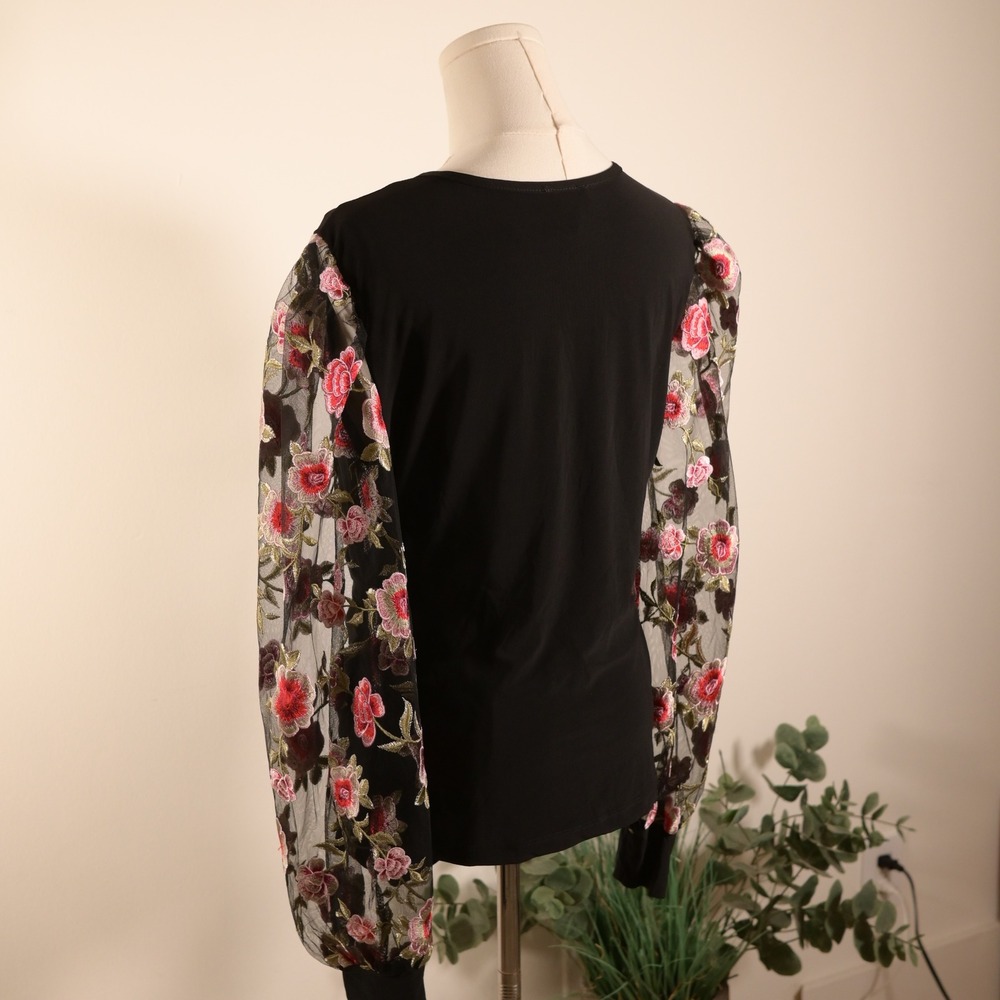 Venus Black Floral Embroidered Mesh Balloon Sleeve Wrap Top Large